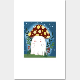 Cute ghost wearing mushroom hat Posters and Art